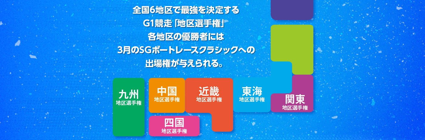 全国6地区で最強を決定するG1競走「地区選手権」各地区の優勝者には3月のSGボートレースクラシックへの出場権が与えられる。